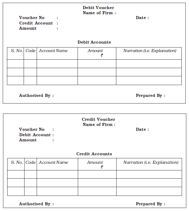 Specimens of Debit and Credit Vouchers, each showing multiple account lines for debits/credits against a single corresponding credit/debit account.